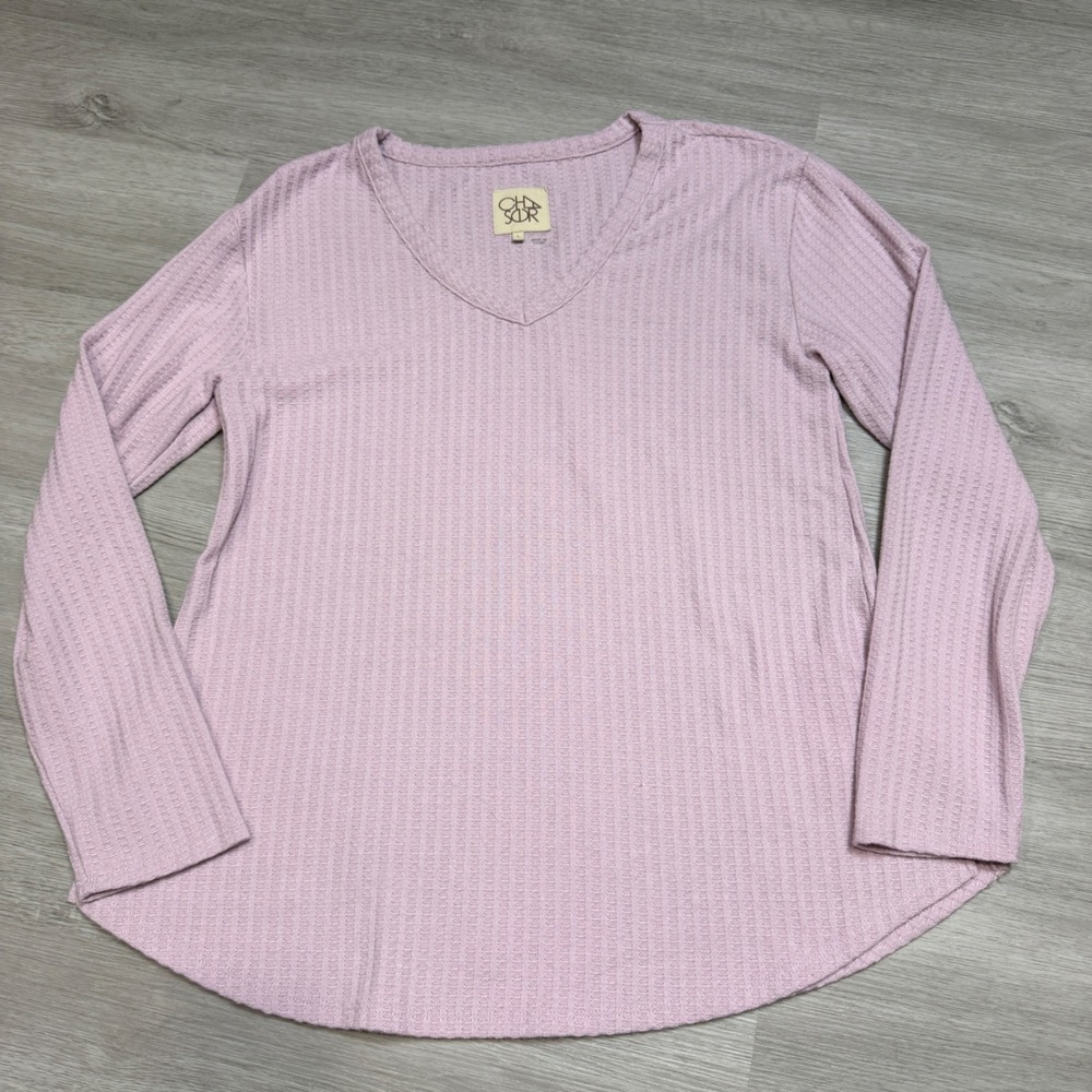Chaser Womens Lilac Pink Waffle Knit V-Neck Thermal Top Long Sleeve Large